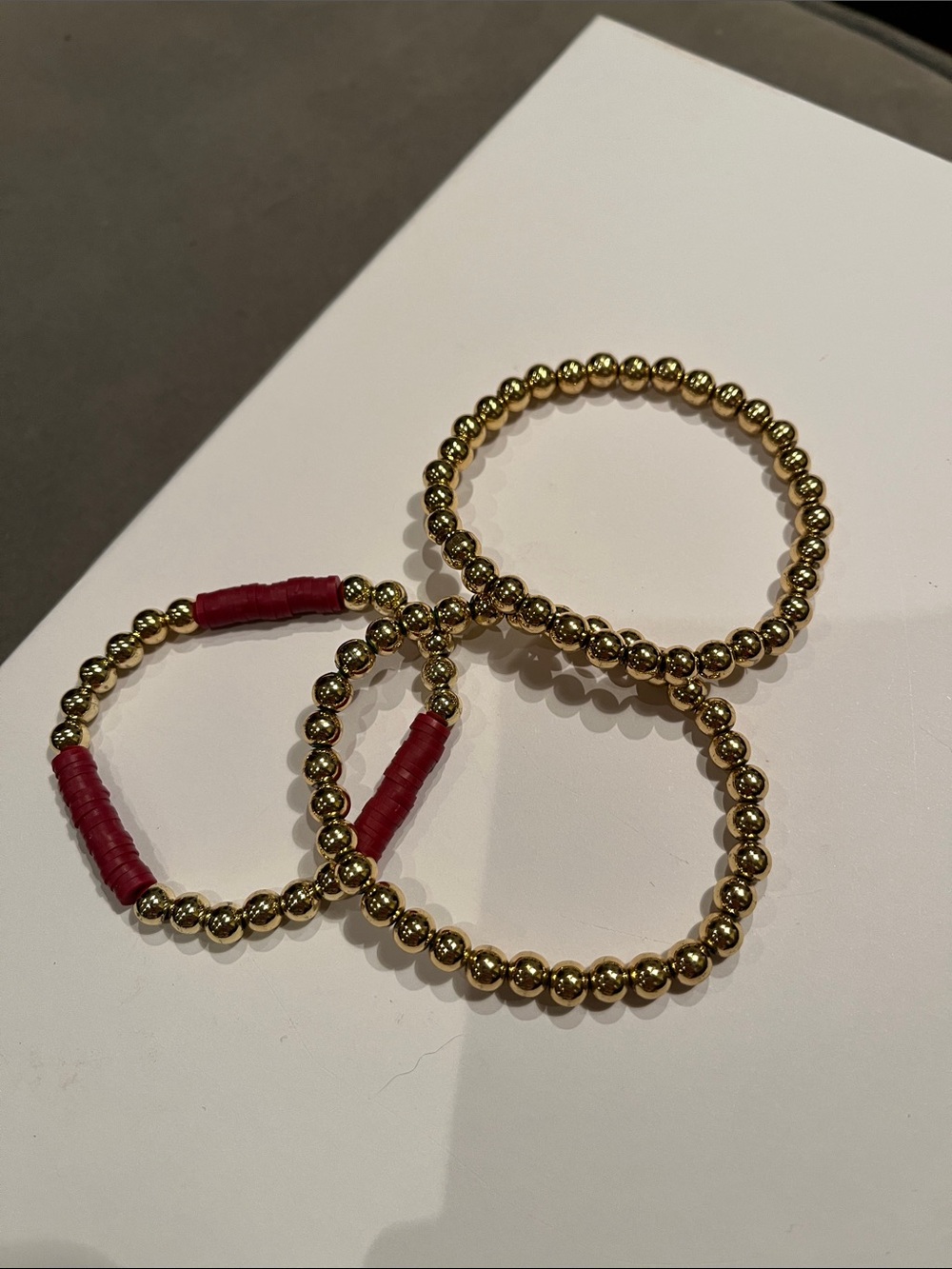Gold Beaded Stretch Bracelet Set with Red Accent